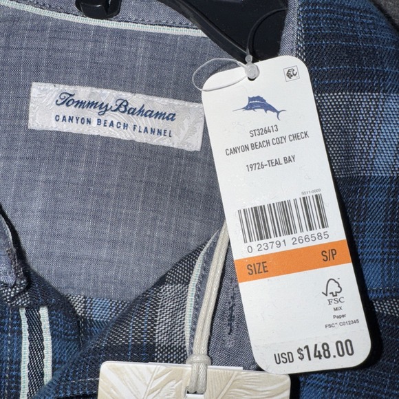 TOMMY BAHAMA Shirt Men Canyon Beach Flannel Cozy Check Teal Bay Sz S NEW $148 - Picture 4 of 10